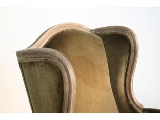 Olive Velvet Wing Chair with Weathered Wood Frame