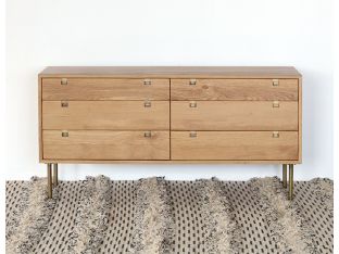 Danish Modern Natural Oak 6 Drawer Dresser With Brass