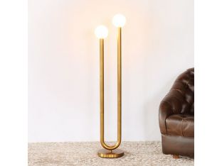 Two Armed Tubular Brass Floor Lamp w/Round Base