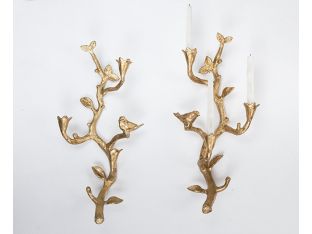 Pair of Brass Branch and Bird 3-Candle Sconce