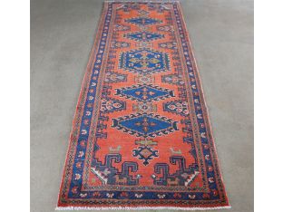 3'6" x 10'7" Brick Red and Blue Azerbaijani Persian Runner Circa 1970