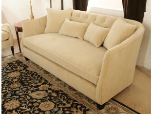 Curved Blond Velvet Sofa with Tufted Back and Toss Pillows